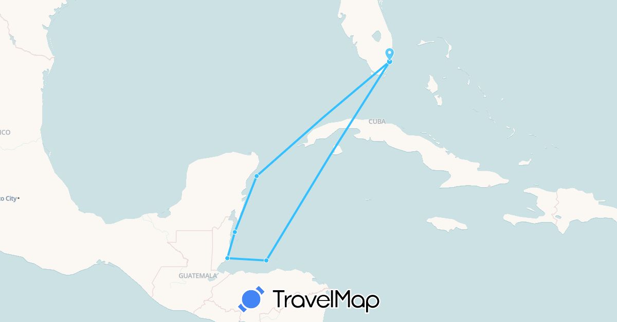 TravelMap itinerary: driving, boat in Belize, Honduras, Mexico, United States (North America)